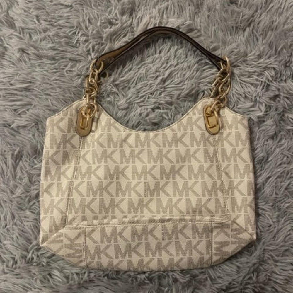 MICHAEL KORS, Monogram Chain Tote, Cream and Tan